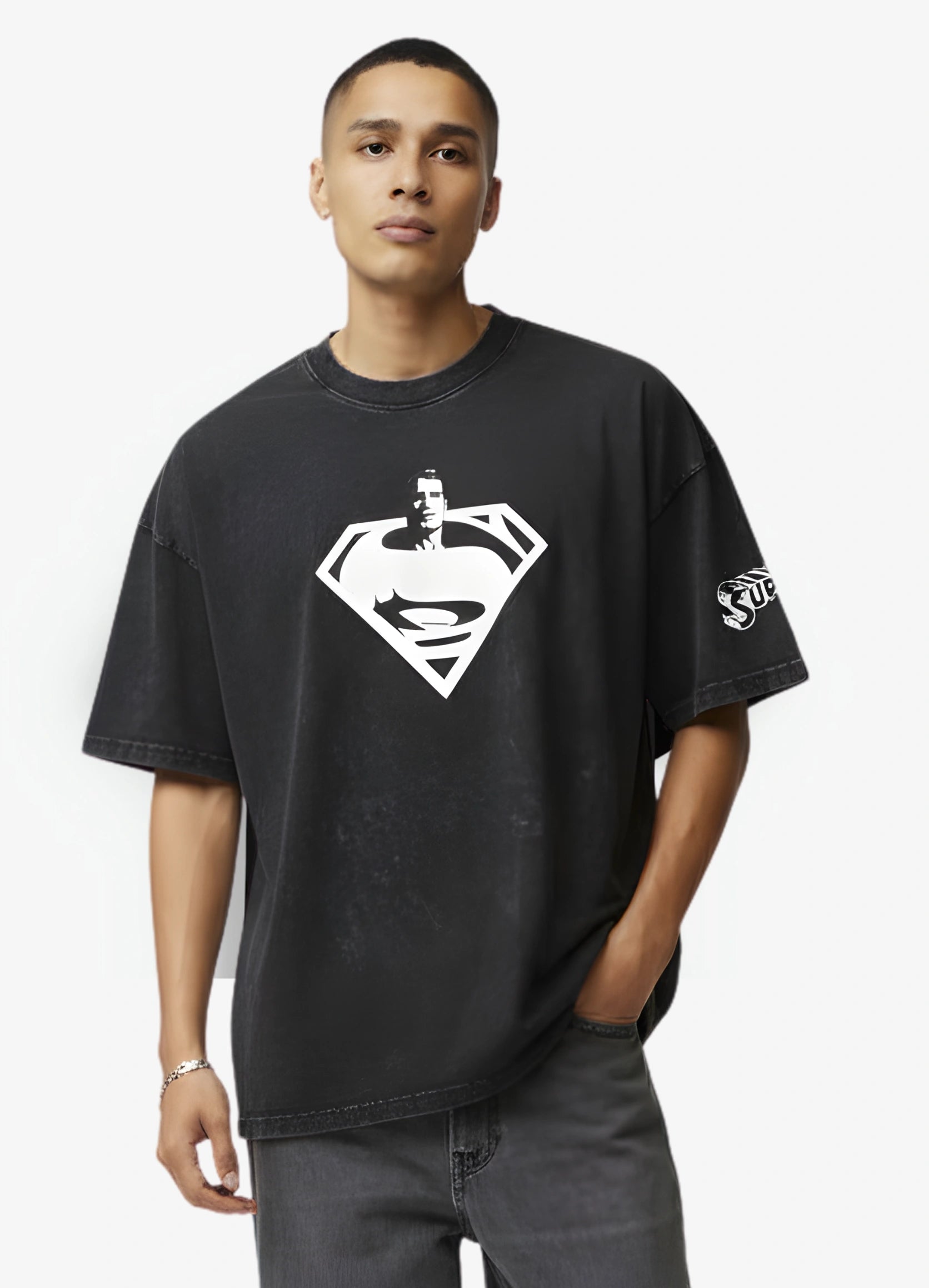 Superman Acid wash Oversized T-shirt Black - Strells